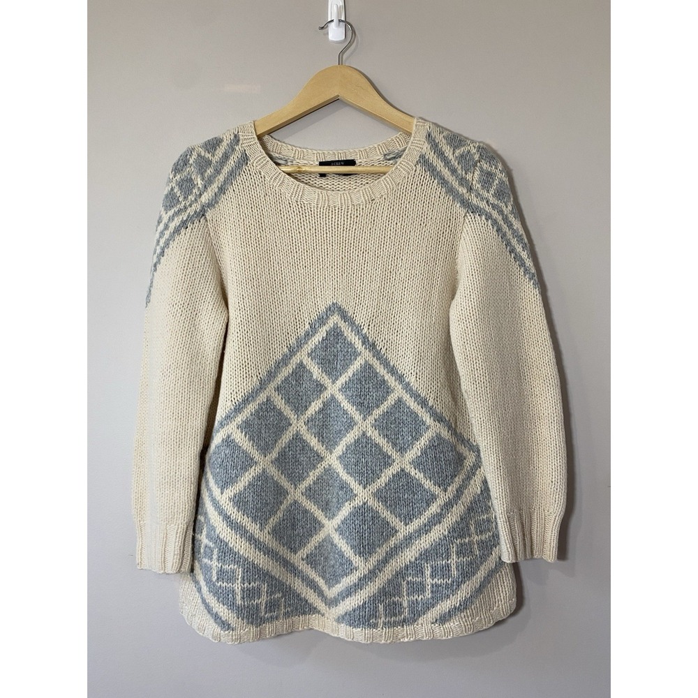 J. Crew Cream Blue Diamond Fair Isle Knit Wool Cashmere‎ Sweater Tunic 37" Bust
